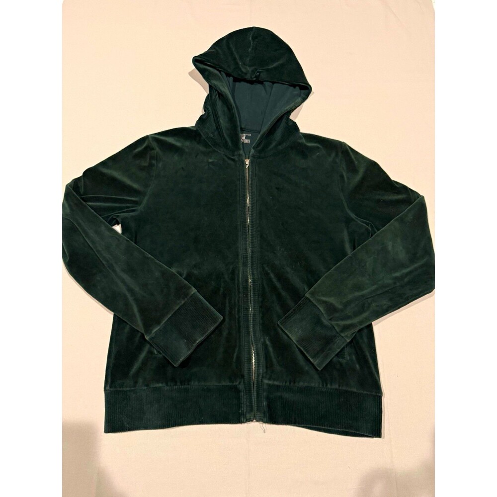 Karen Scott Sport Womens XS Green Velour Full Zip Hooded Jacket Pockets